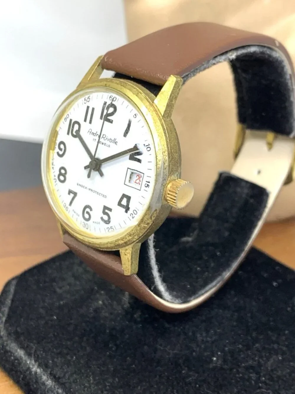 Andre Rivalle Men's Watch 8800 Vintage Swiss Hand Wind Brown Leather Strap